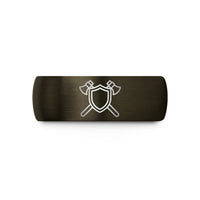 present ideas for pairs – gunmetal & black tungsten shield axes crossed wedding band