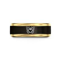 engraved wedding bands men – black & gold tungsten butterfly pair heart wedding band