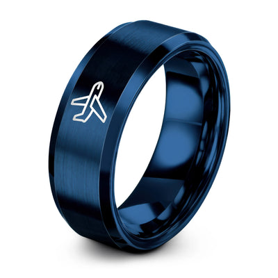 Airplane (Passenger Jet) – Tungsten Wedding Band, 8 mm, Blue Comfort-Fit Unisex