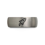 engraved rings for couples – black & blue & gray tungsten rocket wedding band