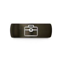 custom men and women rings – gunmetal & black tungsten toolbox wedding band