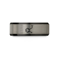 custom sized men’s ring – black & gray tungsten serotonin molecule wedding band
