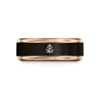unisex tungsten wedding band – black & rose gold tungsten thyme sprig wedding band