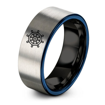 Ship Wheel – Tungsten Wedding Band, 8 mm, Gray, Black Comfort-Fit Unisex
