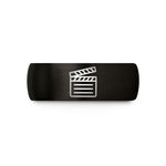 laser engraved wedding ring – black & gold tungsten clapperboard wedding band
