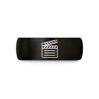 laser engraved wedding ring – black & gold tungsten clapperboard wedding band