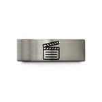 laser engraved wedding ring – gold & gray tungsten clapperboard wedding band