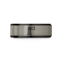 matching wedding bands set – black & blue & silver tungsten kilauea lighthouse wedding band