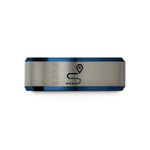 engraved promise rings – blue & gray tungsten route dotted line wedding band