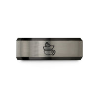 custom engraved wedding band – black & gray tungsten ship route dashed line wedding band
