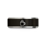 unique men’s engagement ring – black & grey tungsten steaming mug wedding band