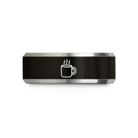 unique men’s engagement ring – black & grey tungsten steaming mug wedding band