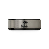 engraved bands for him – black & blue & grey tungsten sunset palm wedding band