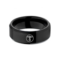 custom engraved rings – black tungsten drum key circle wedding band