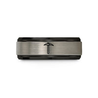 couples rings with engraving – black & blue & grey tungsten pickaxe wedding band
