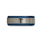 couples rings with engraving – black & blue & grey tungsten pickaxe wedding band