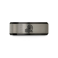 engraved couple promise rings – black & gray tungsten steam wave pattern wedding band