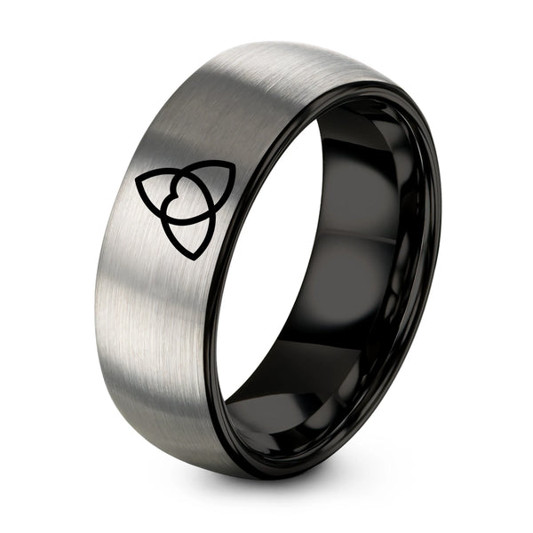 Triquetra Heart – Tungsten Wedding Band, 8 mm, Black, Grey Comfort-Fit Unisex
