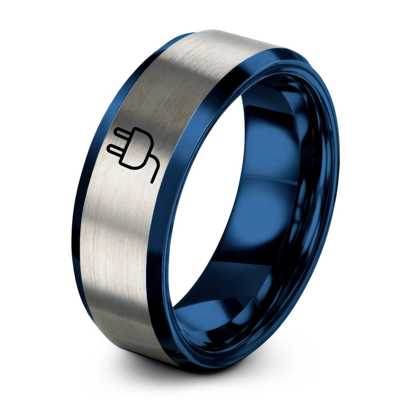 AC Plug – Tungsten Wedding Band, 8 mm, Blue, Gray Comfort-Fit Unisex