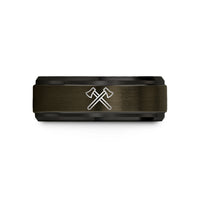 tungsten wedding band set – gunmetal & black tungsten crossed fire axes wedding band