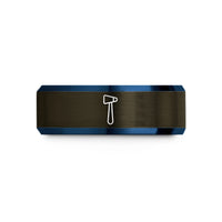 couples promise ring sets – gunmetal & blue tungsten reflex hammer wedding band