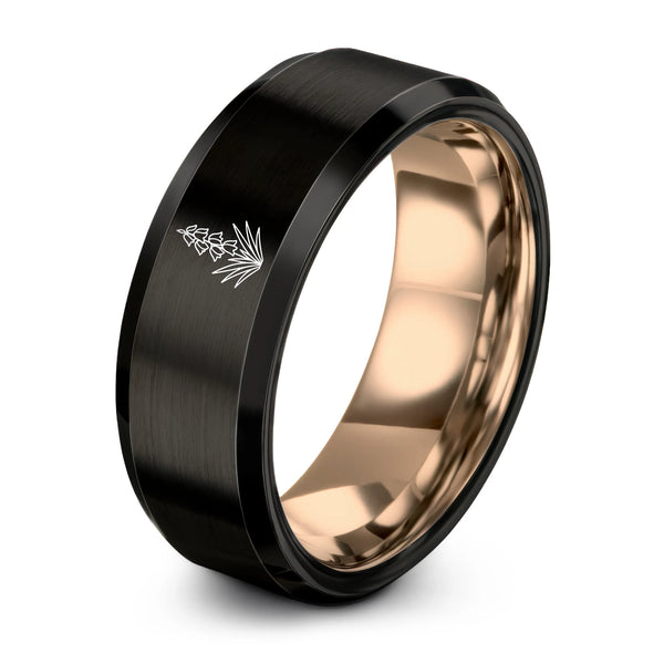 Yucca Spike – Tungsten Wedding Band, 8 mm, Black, Rose Gold Comfort-Fit Unisex