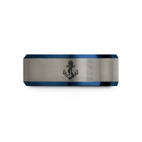 custom engraved men's rings – black & blue & grey tungsten navy anchor wedding band