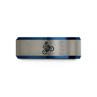 engraved rings for him – black & blue & grey tungsten wheelie rider wedding band