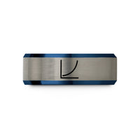 men's laser engraved band – blue & gray tungsten exponential curve wedding band