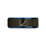 engraved wedding band him – gunmetal & blue tungsten exponential curve wedding band