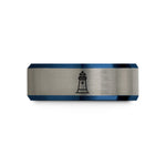 men's tungsten wedding band – black & blue & grey tungsten newport lighthouse wedding band