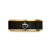 custom engraved wedding bands – black & gold tungsten cheerful coffee cup wedding band
