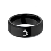 personalized ring for her – black tungsten steaming coffee mug wedding band