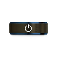 custom engraved wedding rings – gunmetal & blue tungsten power symbol wedding band
