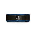 laser engraved tungsten ring – black & blue tungsten lighthouse beam wave wedding band