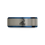custom engraved ring band – black & blue & grey tungsten swell moon wedding band