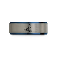 custom engraved ring band – black & blue & grey tungsten swell moon wedding band