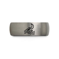 custom engraved ring band – blue & silver tungsten swell moon wedding band