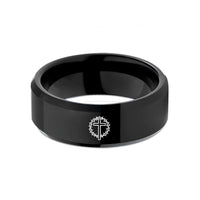 silver comfort fit ring – black tungsten thorns cross wedding band