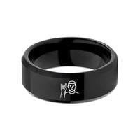 engraved men's promise ring – black tungsten power horns wedding band