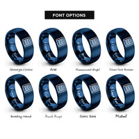 font options for inside engraving on blue equal bars band rings