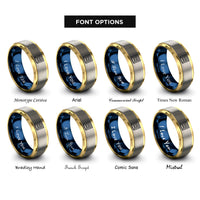 font options for inside engraving on gold & blue & grey equal bars band rings