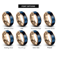 font options for inside engraving on rose gold & blue equal bars band rings