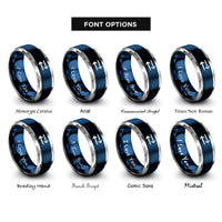 font options for inside engraving on blue & silver equilibrium arrows rings