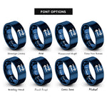 font options for inside engraving on blue equilibrium arrows rings
