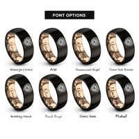 font options for inside engraving on black & rose gold eternity knot rings