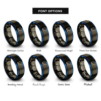 font options for inside engraving on gunmetal & blue exponential curve rings