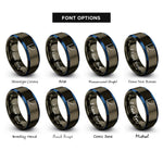 font options for inside engraving on gunmetal & blue exponential curve rings