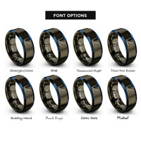 font options for inside engraving on gunmetal & blue exponential curve rings