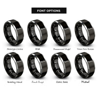 font options for inside engraving on black & grey f hole shape rings